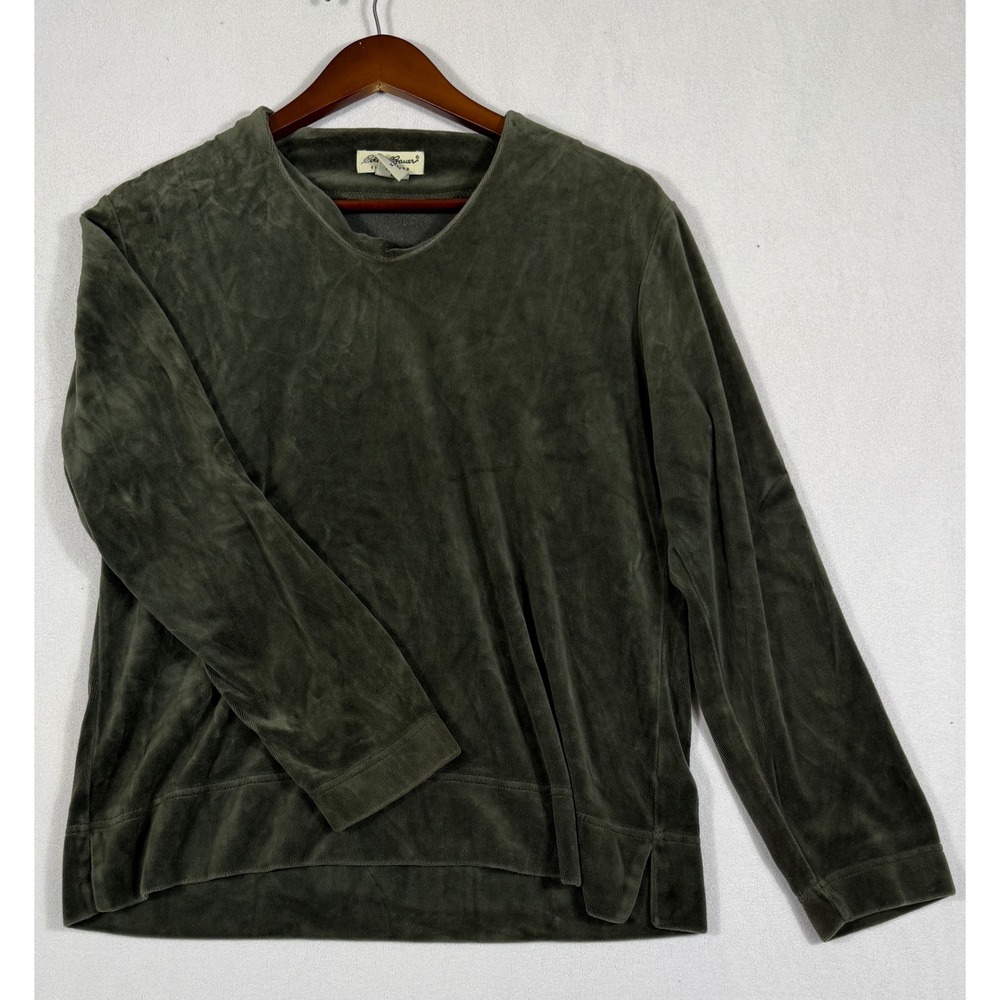 Eddie Bauer Womens Medium Olive Green Velour V-Neck Long Sleeve Pullover Top